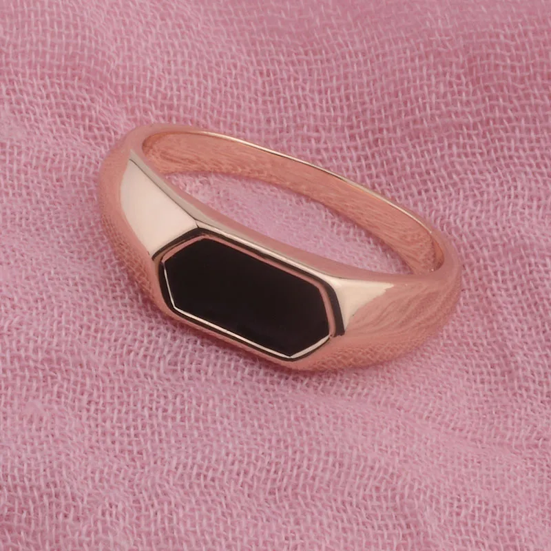 FJ 7mm Wide Women Men 585 Rose Gold Color Black Stone Rings Jewelry