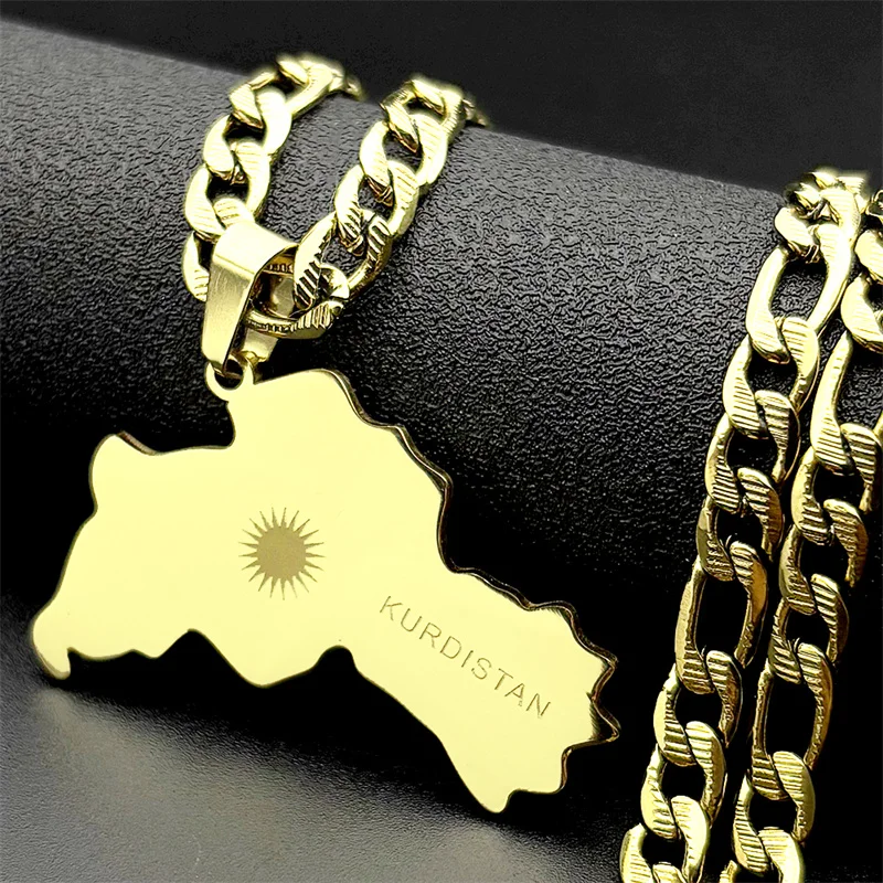 Kurdistan Map Flag Sun Pendant Necklace for Men Women Stainless Steel Gold Color Ethnic Geography Hip Hop Cuban Chain Jewelry