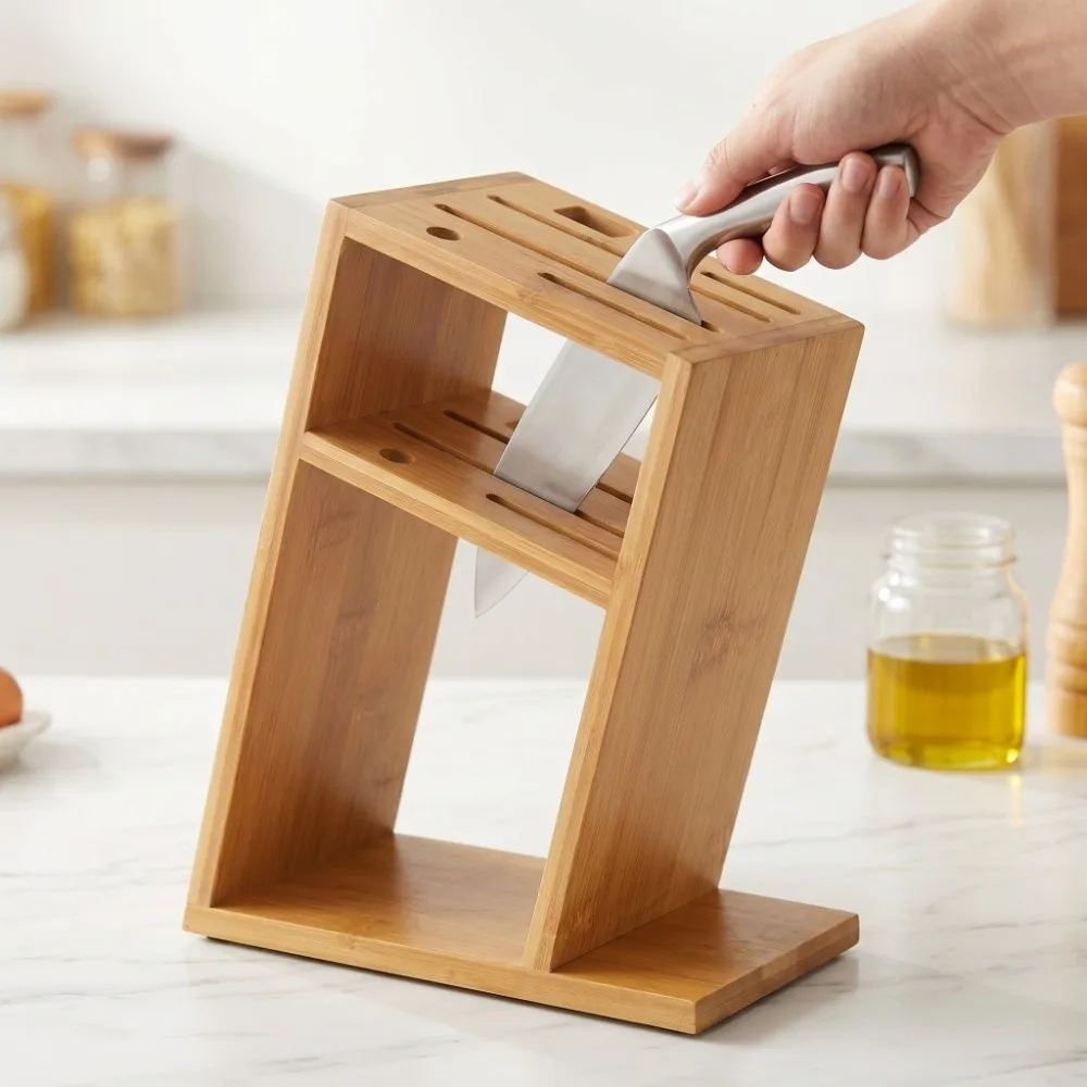Wood Knife Holder Hollow Ventilation Wooden Color Knife Rack Universal Design Versatile Organizer Inclined Knife Holder