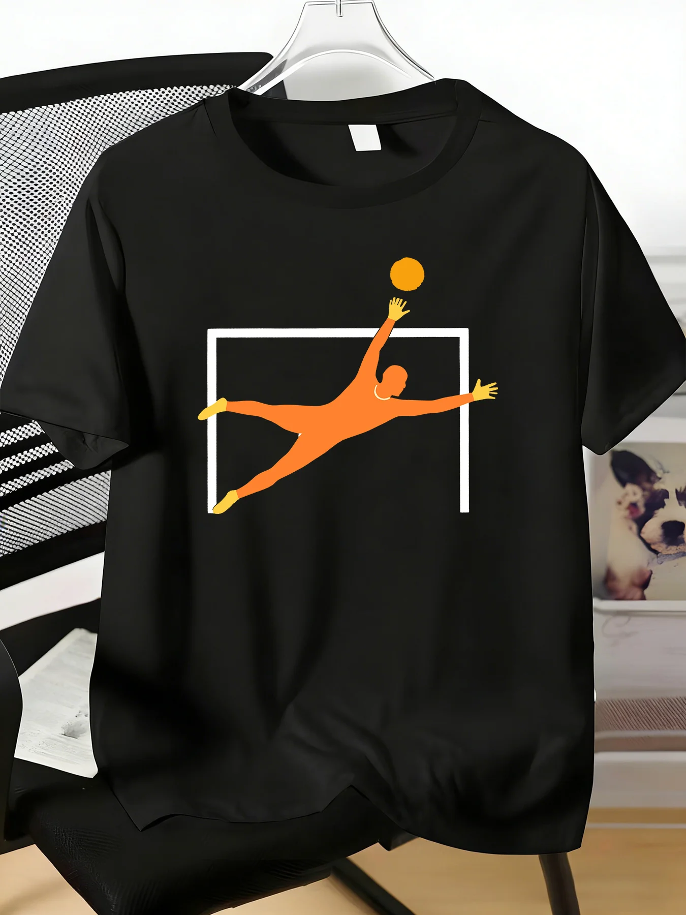 Mens Soft Cotton Tee Orange Goalkeeper Diving Graphic Crew Neck Sport Short Sleeve Tee Casual Top For Soccer Fan Daily Wear Gift