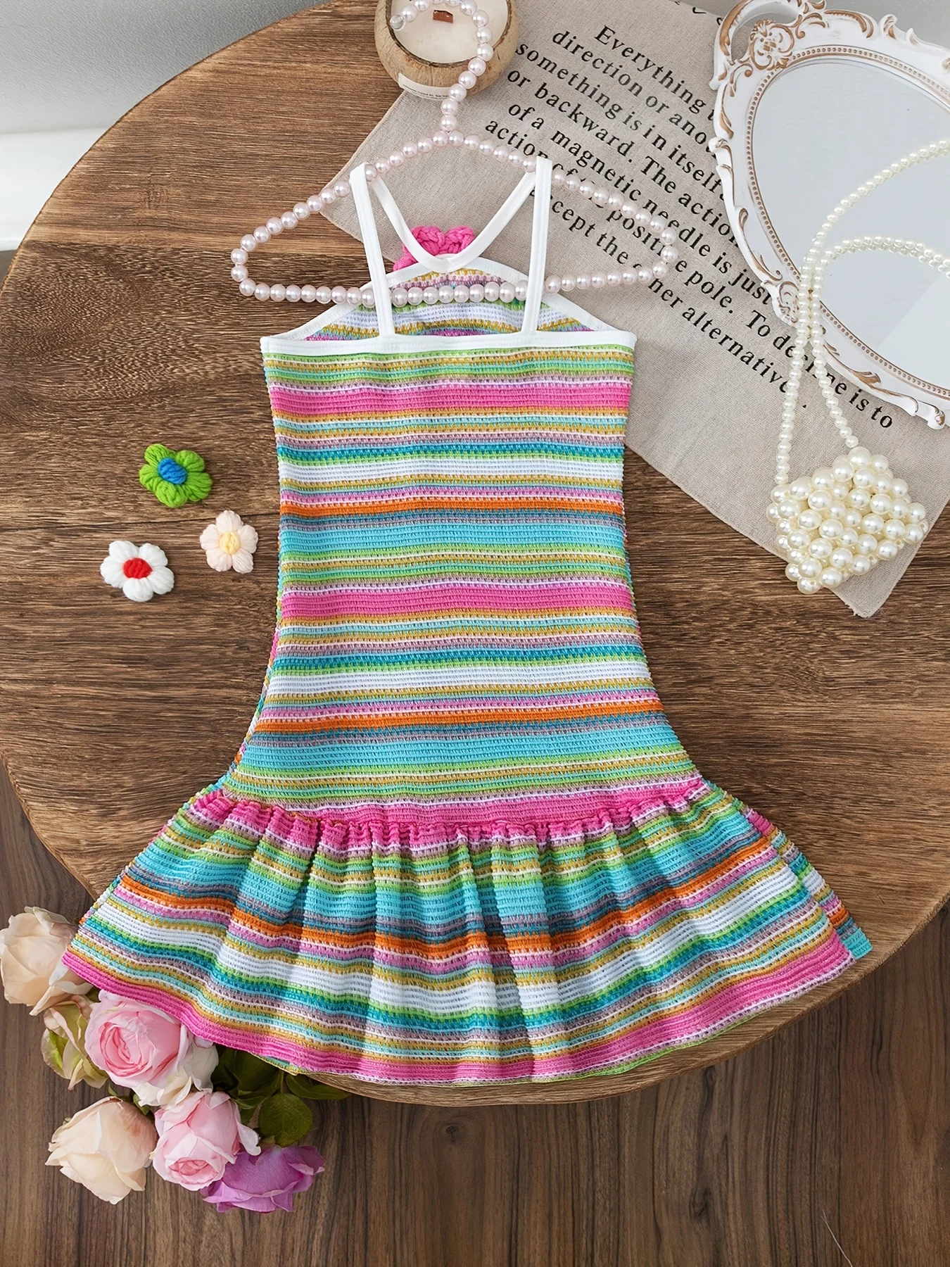 Girls' Summer Casual Dress, Cute Lace-Up Off-Shoulder Rainbow Striped Backless Dress, Sweet and Fashionable, Suitable for Girls over 3 Years Old, for Vacation and Summer Holidays, Home Wear and Outings