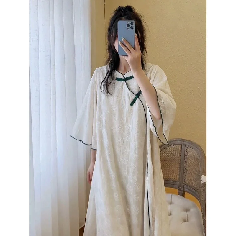 

Новое женское платье-ципао больших размеров, миди, с пуговицами, А-силуэт, повседневное летнее платье для фигуры типа «груша», в китайском стиле