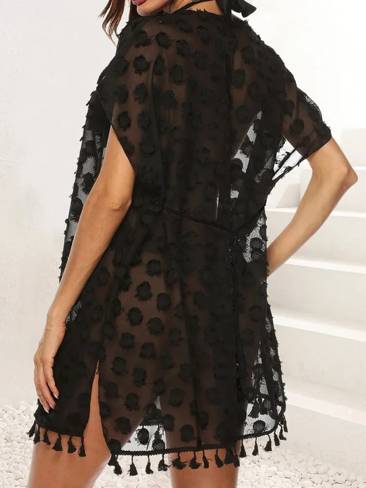 セクシーな女性用ソリッドタッセルビキニカバーアップ、半袖ルーズレディースビーチドレス、女性用ブラジリアン水着カバーアップ