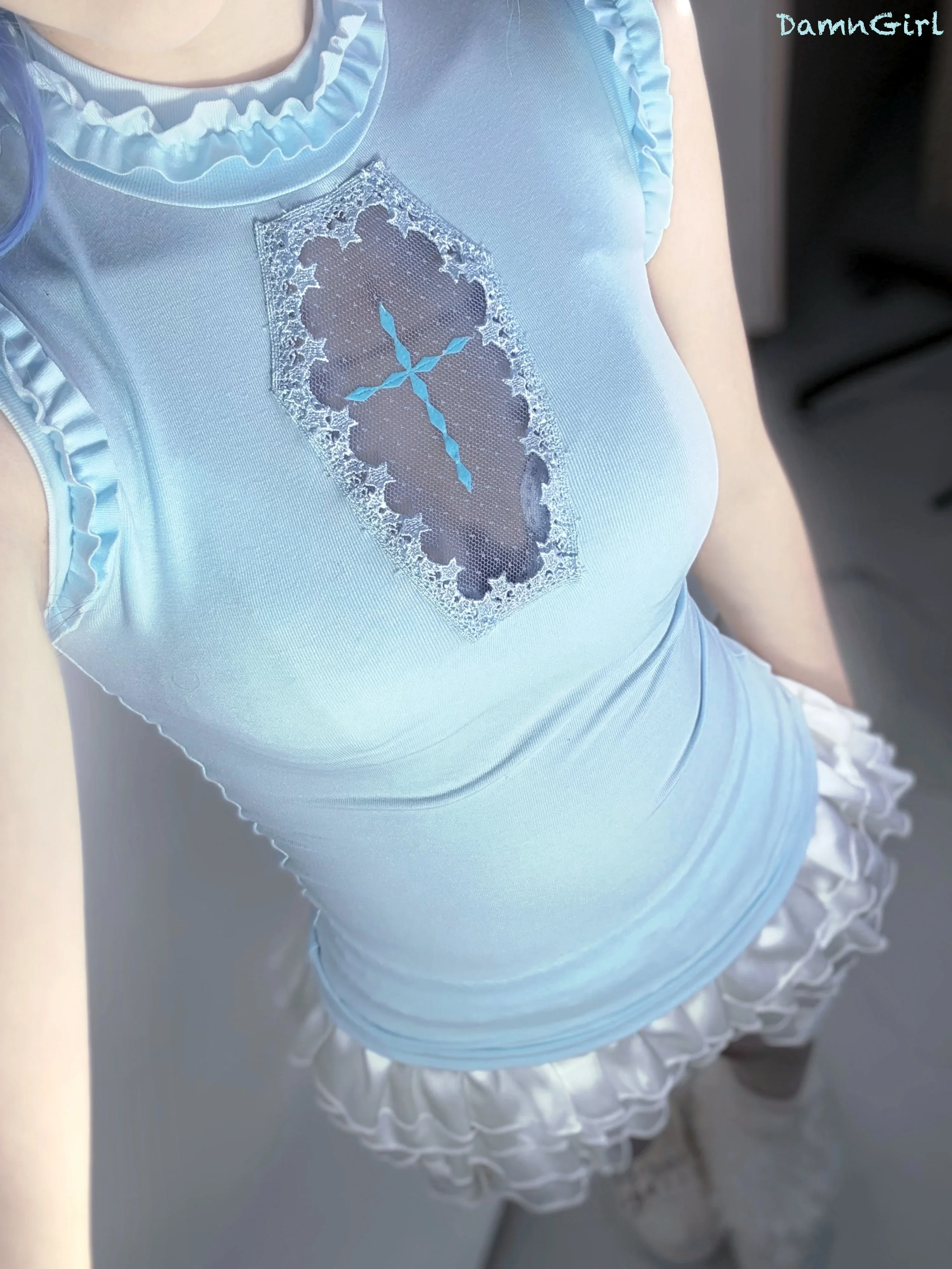 IMU DamnGirl Cross Hollow Out Sleeveless Tshirt Original Design Slim Y2k Hot Girls Cute Tank Top Subculture Crop Top Light Blue