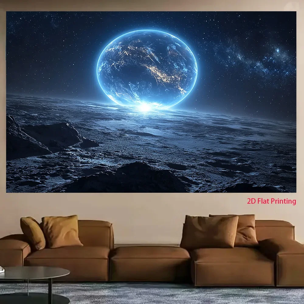 Blue Earth Planet Moon Surface Space View 2D Flat Tapestry Backdrop For Bedroom Decor SciFi Astronomy Wall Hanging Art