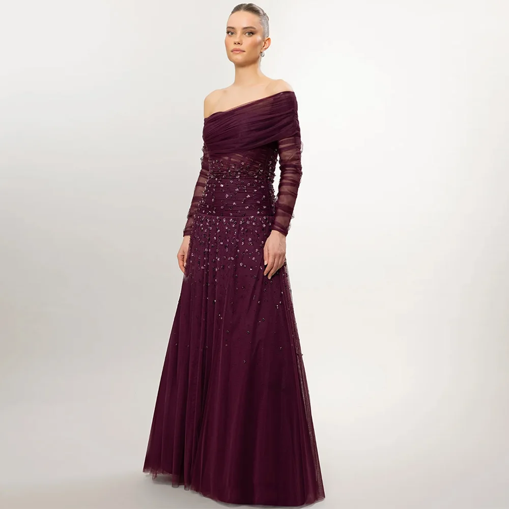 

Customized Off the Shoulder A-Line Evening Dress Elegant Beading Celebrity Gowns Fashion Long Sleeves Bespoke Occasion Gowns