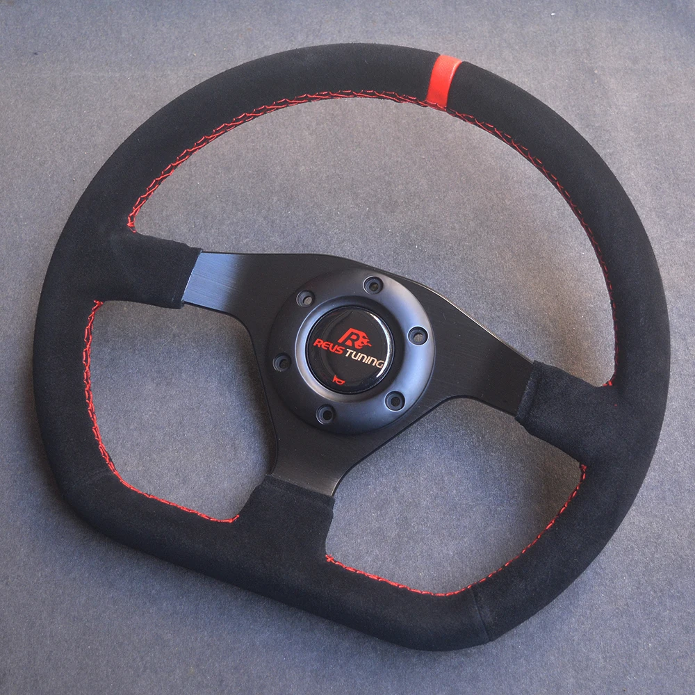 32CM 12.6inch D Shape Suede Leather Red Stitch Sport Racing Race Rally Car Truck Karting Game Simulator Steering Wheel 70mm-PCD