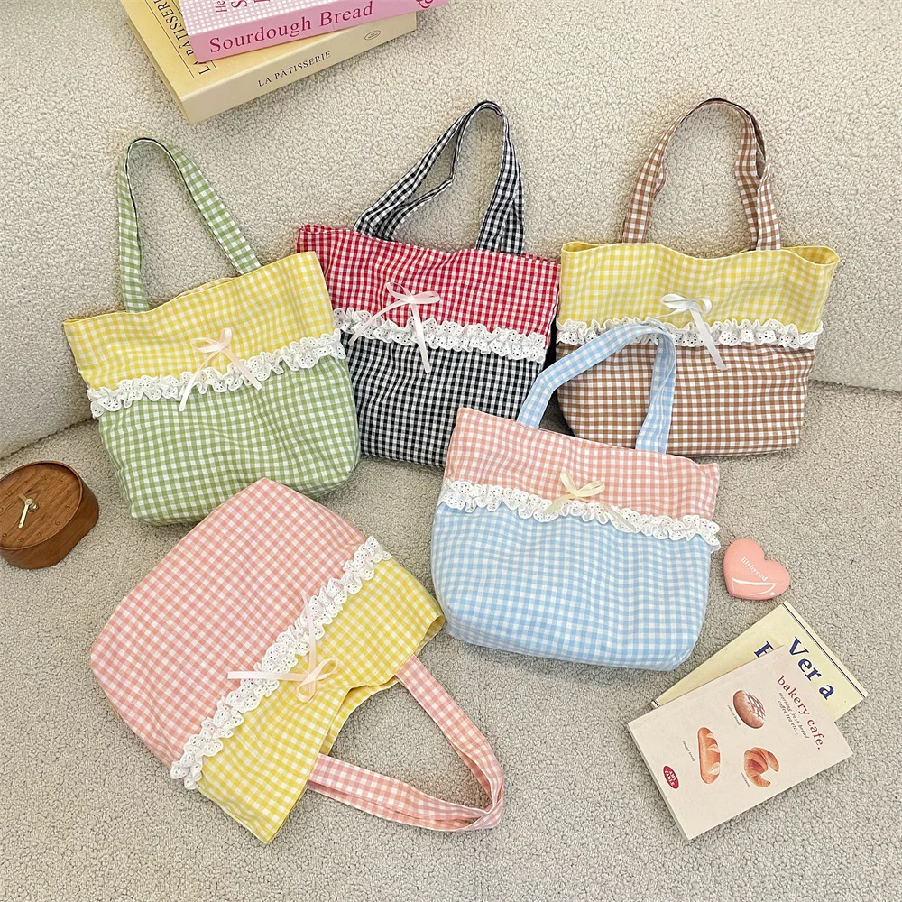 Sweet Bow Patchwork Lace Shopping Bags for Women Contrast Color Plaid Ladies Bento Handbags Lightweight Portable Female Tote
