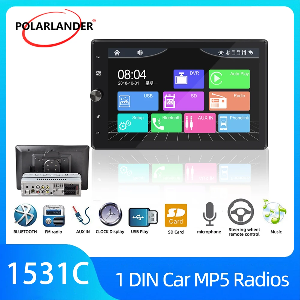 

Car Stereo Wired Carplay Multimedia Player 1 Din 10.4" 360° Screen Adjustment Android Auto Type-C Charging FM/AM/RDS Bluetooth