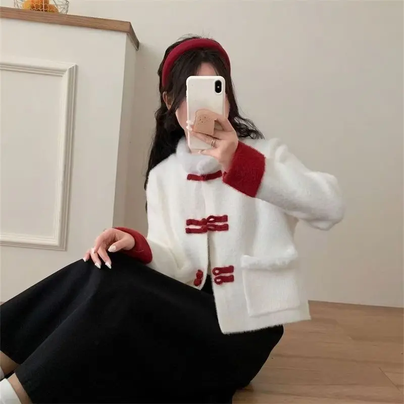 اليابان الأحمر القطيفة تقسم ​ ​ سترة المنك الجديدة النمط الصيني المرأة عيد الميلاد ورأس السنة الجديدة ارتداء سترة محبوكة