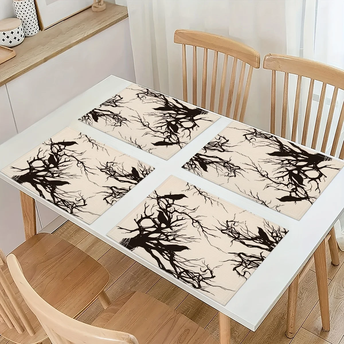 VIKAMA Withered Tree Crow Placemat Gothic Dark Linen Heat Resistant Dining Table Mat for Home Decor