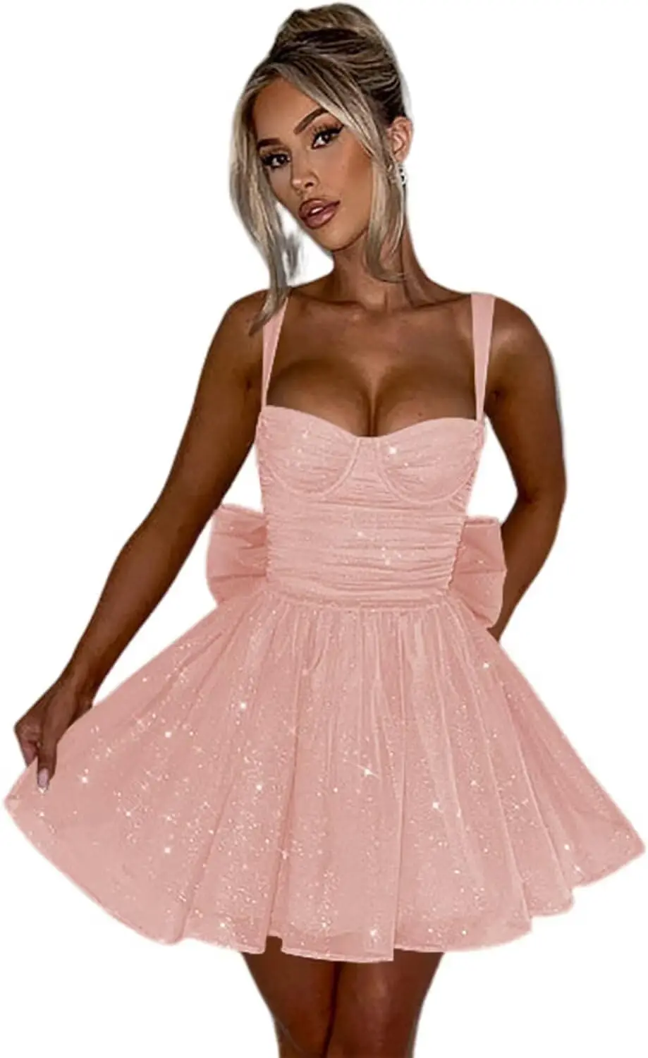 

Sparkly Tulle Homecoming Dresses with Bow, Spaghetti Strap, Short Prom Dress, Sweetheart Cocktail Dress, Above Knee, Mini