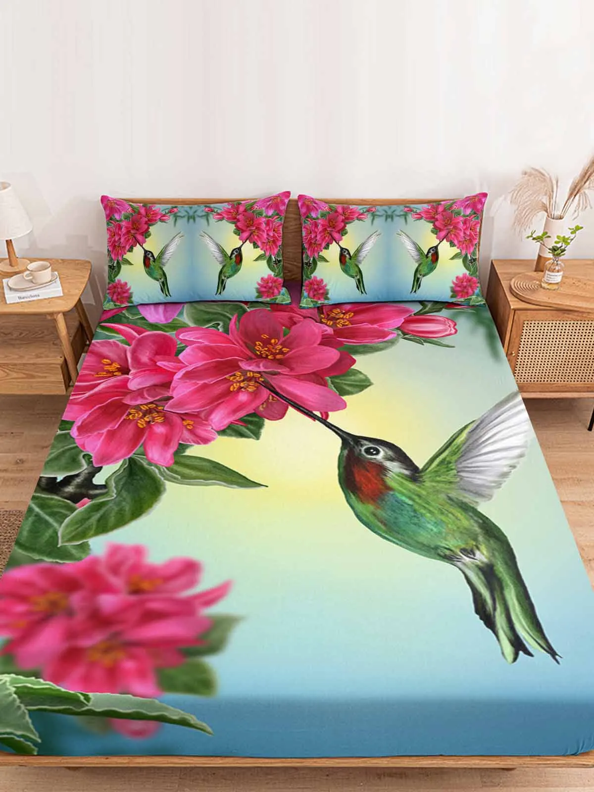 Spring Flower Hummingbird Fitted Bed Sheet Cover Elastic Band Anti-slip Mattress Protector for Single Double King