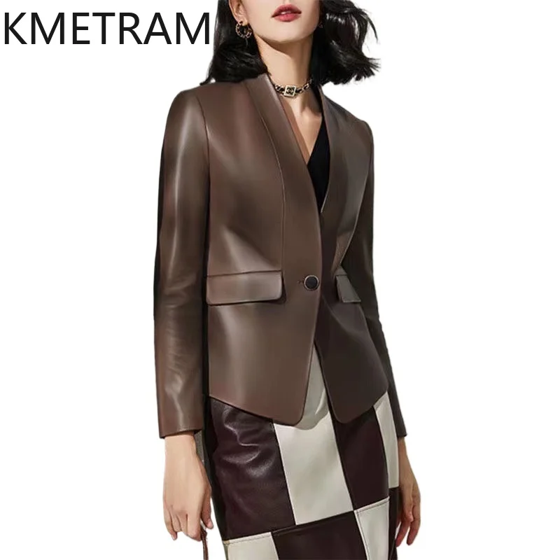 KMETRAM Genuine Sheepskin Leather Jacket Woman V-Neck Short Blazer Casual Real Leather Jackets Autumn Women Clothing 2026 casaco