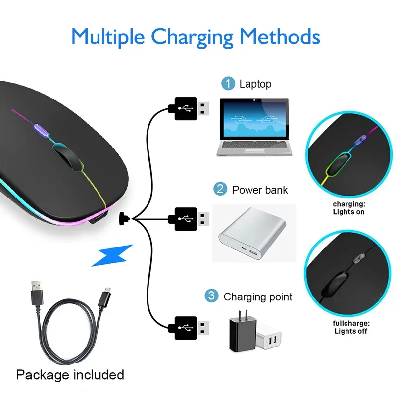 Wireless Bluetooth Mouse with USB rechargeable 2.4GHz RGB Dual Mode Portable Gaming Mice for computer laptop PC MacBook Tablet