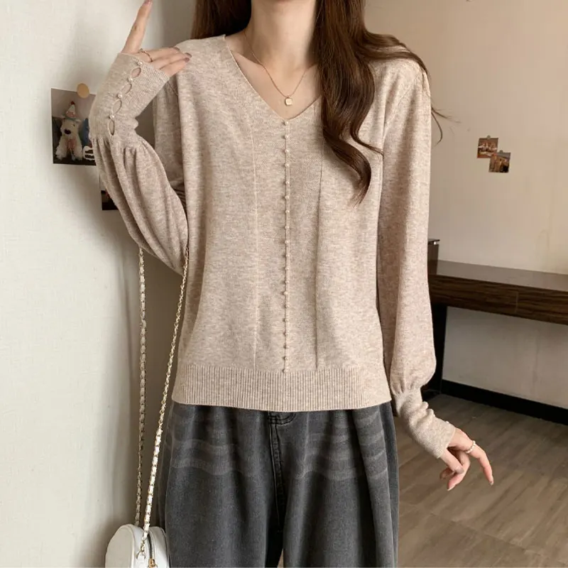 

Casual V-Neck Knitted Jumpers Autumn Winter Solid Color Basic Female Clothing Long Sleeve Stylish Beading Hollow Out Sweaters