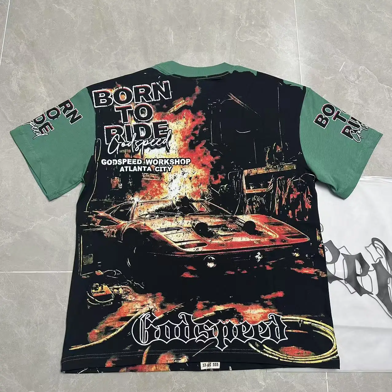 Godspeed American Trendy Brand Car Mechanic Skeleton Print T-Shirt Vintage High Street Summer Pure Cotton Short Sleeve