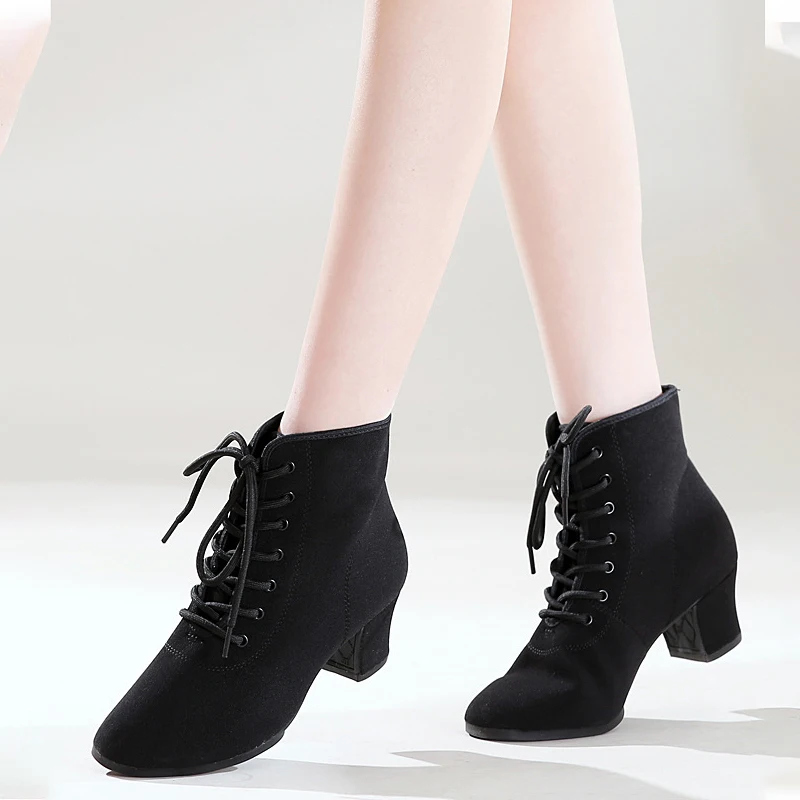 Women's Latin Dance Boots Low Heel Close Toe Ballroom Tango Performance Practice Teaching Dancing Shoes Women Black Beginner