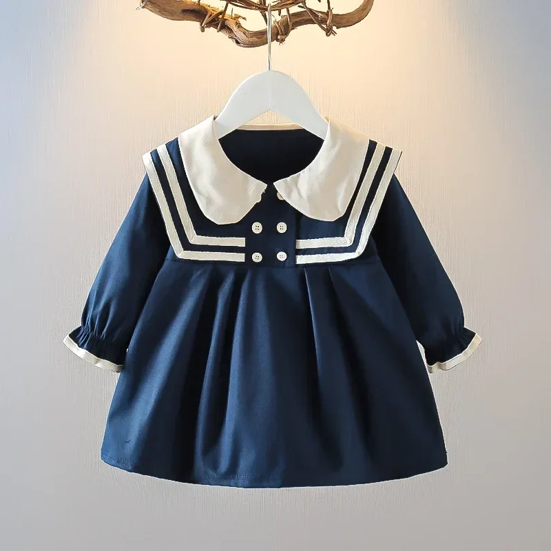 School Small Kid Spring Fall Newborn Baby Girl Clothes Cute Doll Navy Collar Cotton Long Sleeve Toddler Dresses Princess Dress