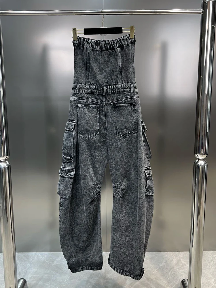 DEAT Distressed Vintage Streetwear Denim Jumpsuit Women Trend Pockets Patchwork Strapless Jeans Female 2024 Summer New 11XX3264