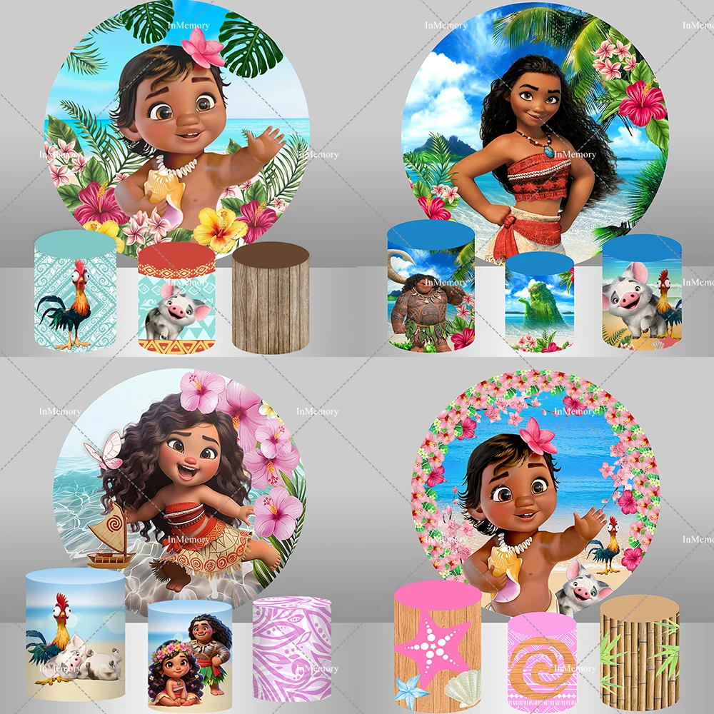 Brave Moana Conquering The Ocean Circle Round Backdrop Cover for Girls Summer Birthday Party Backgrounds Vaiana Cylinder Covers