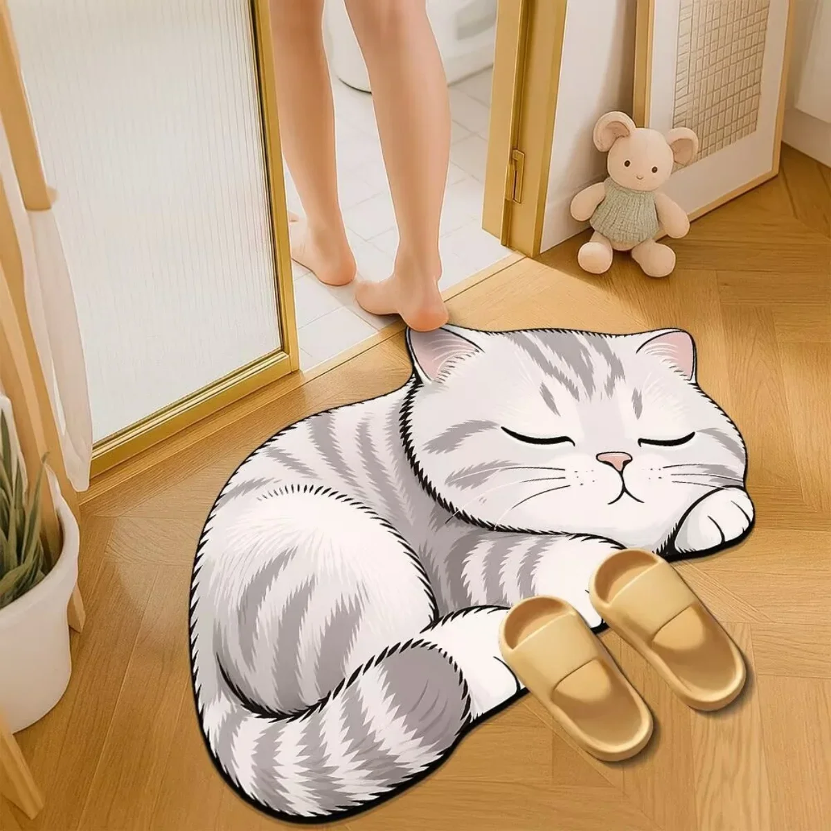 B14LYX Cute Ginger Cat Shaped Floor Rug Cartoon Sleeping Kitty Decorative Mat Indoor Hallway Bathroom Home Decoration Carpet