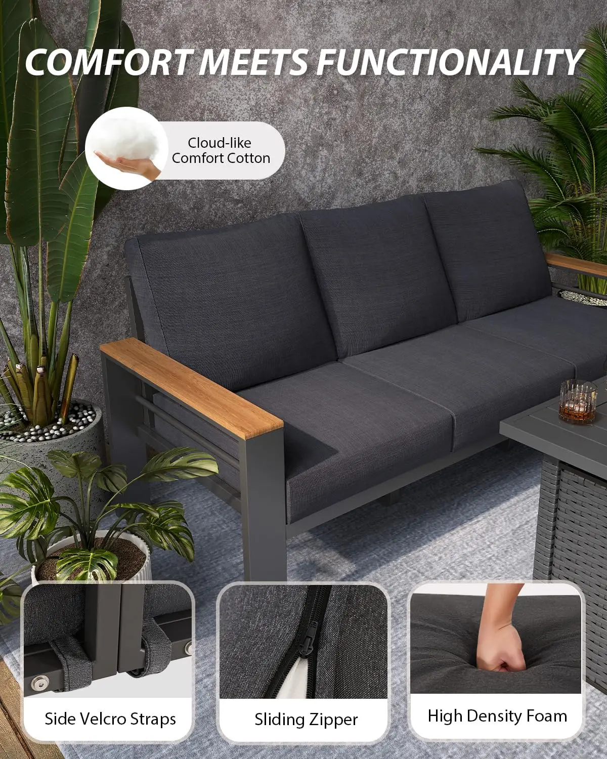 2 Seats Aluminum Outdoor Patio Sectional Sofa Set with Cushions Armrests Center Coffee   Dark Grey Outdoor Conversation Set