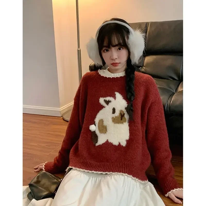 Kimotimo Wine Red Christmas Rabbit Jacquard Sweater Women Autumn Winter O-Neck Loose Pullover Japanese Sweet Casual Knitted Top