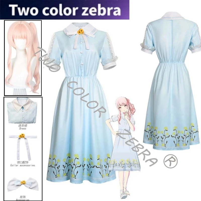 

Akiyama Mizuki Cosplay Costume Blue Long Dress Elegant Daily Style Skirt Headress Wig Full Set Halloween Cos Roleplay Suit