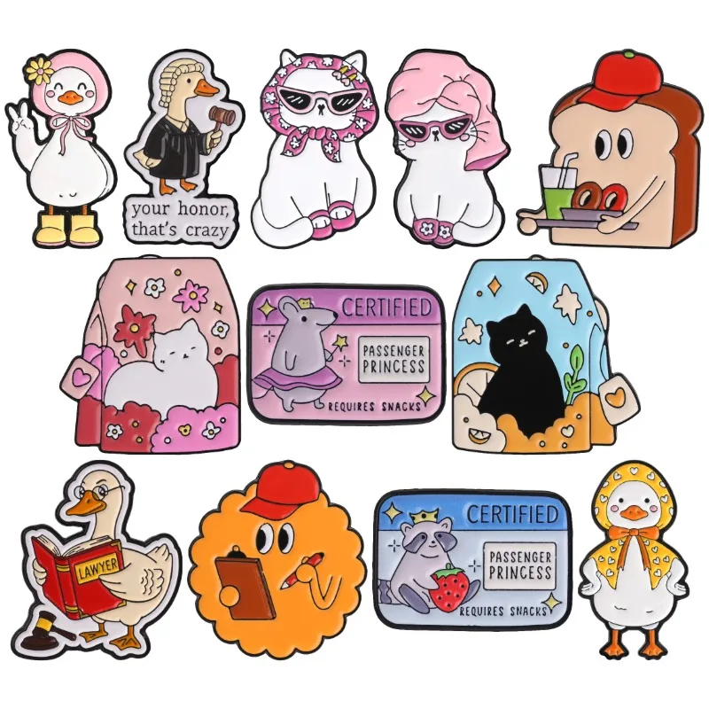 Cartoon Animal Badge Black White Cat Tea Mouse Raccoon Enamel Pin Judge Lawyer Duck Toast Breakfast Brooch Accessories Gift