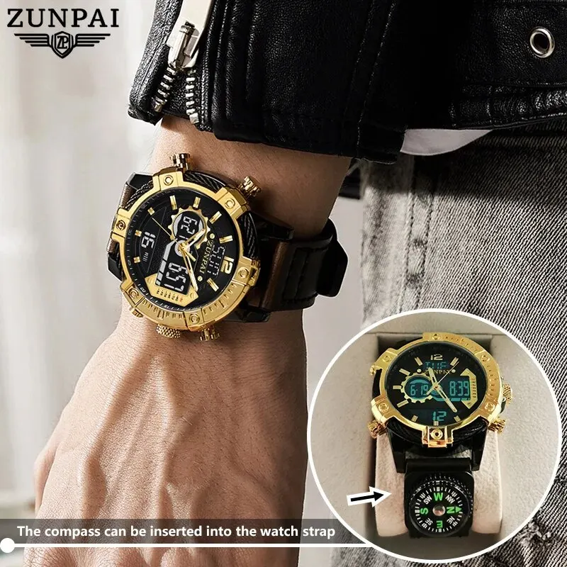 ZUNPAI Original Men\'s Watch Top Brand Luxury Leather Sports Watch Gold Black Men Quartz LED Digital Clock Waterproof Military