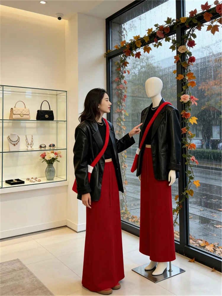 

Ele High Waist Draped Semi-Body Skirt Women's Faionable Unique Winter Long Skirt Korean Sle Casual A-Line Skirt