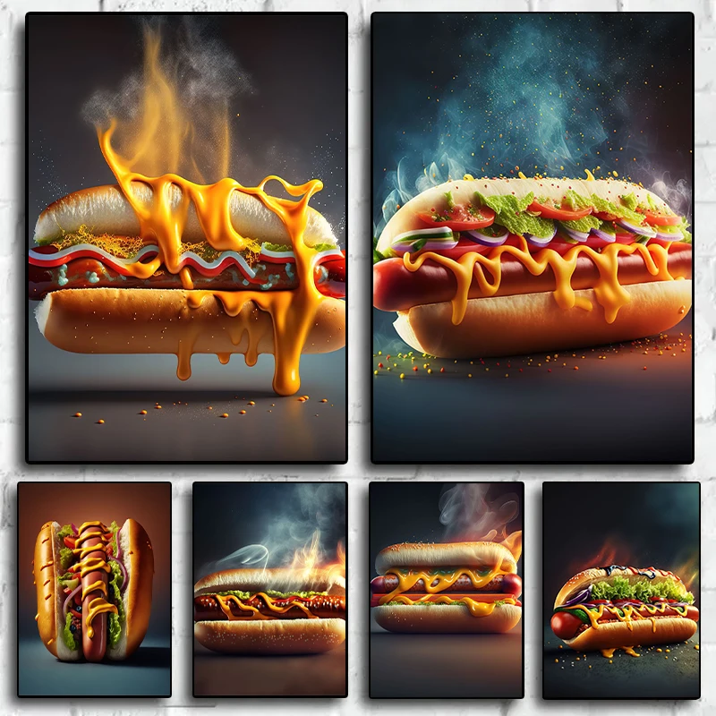 Fresh Delicious Hot Dog Kitchen Food Posters and Prints Canvas Printing Wall Art Picture for Restaurant Bakery Home Decoration