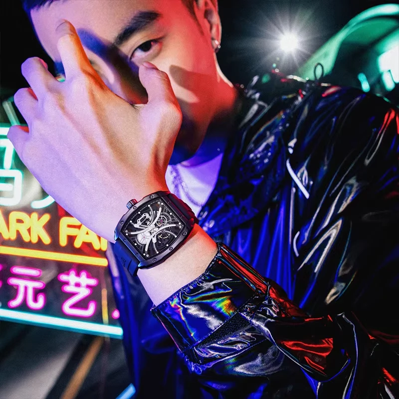 Mark Fairwhale Brand Fashion Mechanical Wristwatch For Men Silicone Strap Waterproof Luminous Automatic Tourbillon Watches Mens