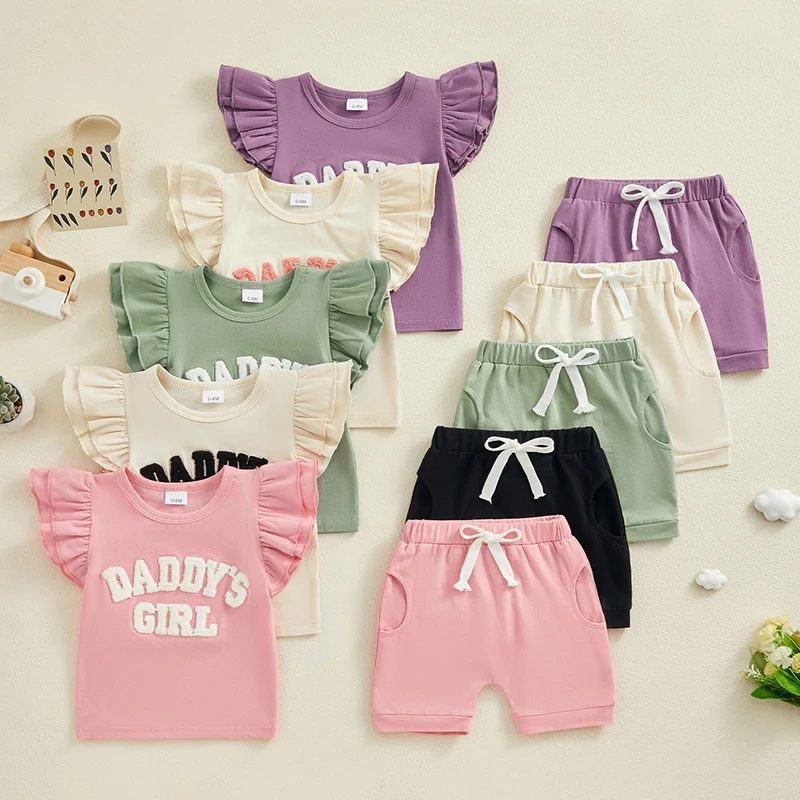 

SUNSIOM 2Pcs Baby Girl Summer Outfits Fly Sleeve Letter Embroidery Tops + Solid Color Shorts Set Infant Casual Clothes