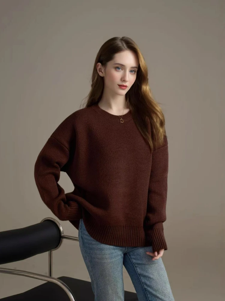 Damskie swetry dzianinowe na wiosnę i jesień, modne bluzki z okrągłym dekoltem, eleganckie swetry damskie z długim rękawem, luźne bluzki w stylu vintage.