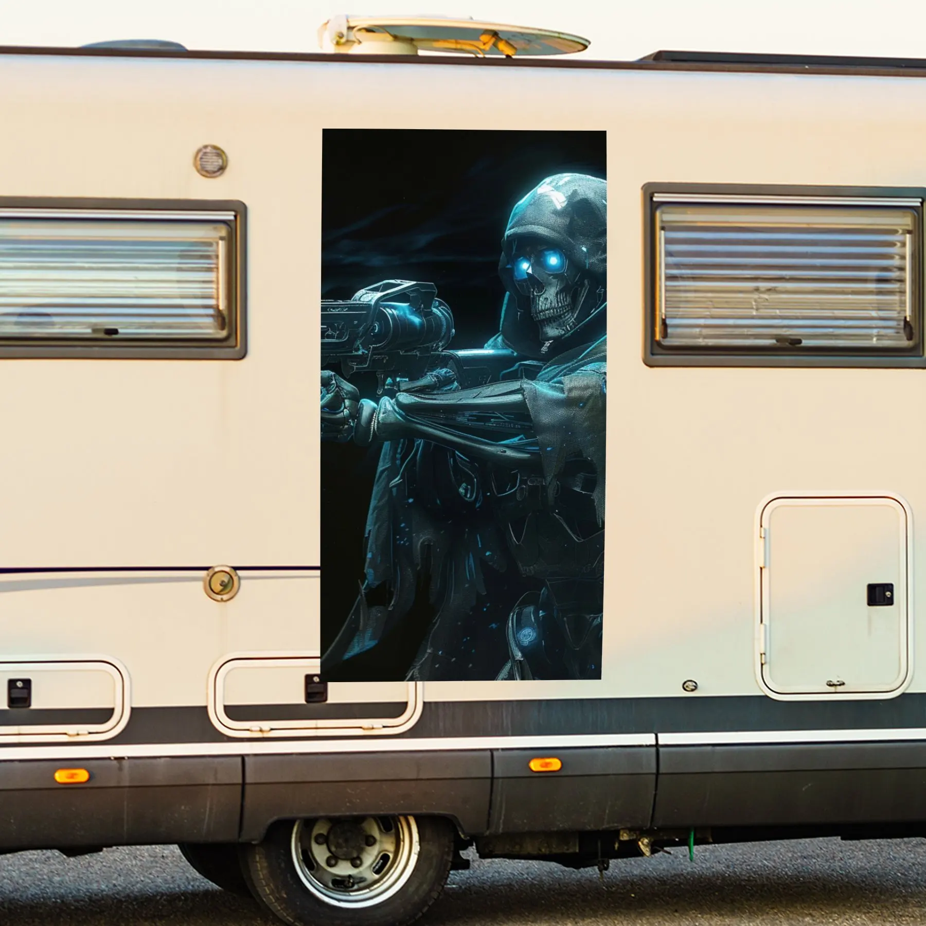 

Череп с синим светом пистолета, виниловая наклейка для двери автомобиля на колесах, водонепроницаемые самоклеящиеся виниловые наклейки для хвоста автомобиля и багажа