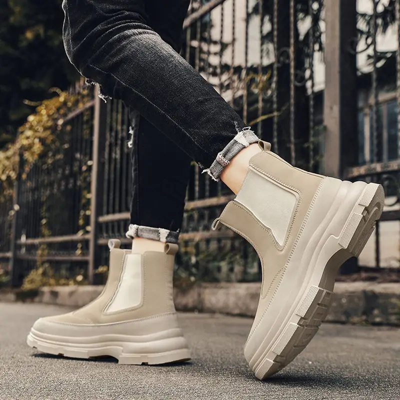 2026 Men British Chelsea Boots Mid Calf Fleece Lined Leather Shoes Autumn Winter Warm Ankle Boots Black