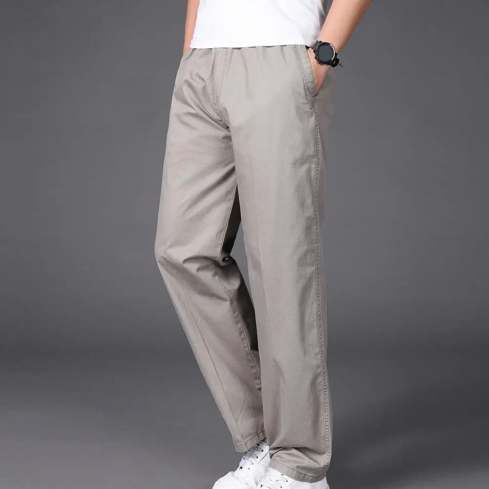 Men Long Pants Zipper Fly Men Pants Versatile Men's Cargo Pants Elastic Mid Waist Wide Leg Plus Size Solid Color Smooth Soft