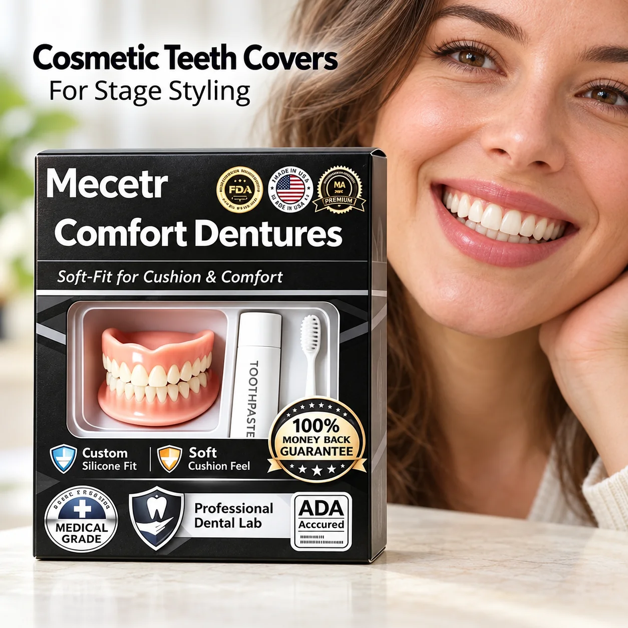 Stage Teeth Cover Set Featuring Upper And Lower Pieces With Pink Gum Styling And White Teeth For A Complete Decorative Effect