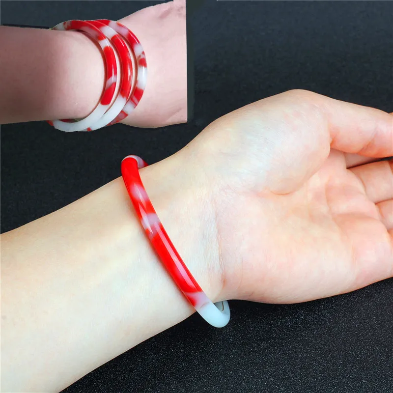 Xinjiang Hotan red and white , gold-threaded , chicken blood stone round style, thin jade bracelet, women'