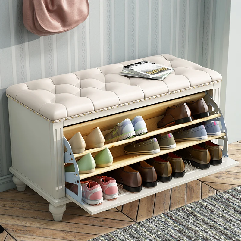 Solid wood shoe change  shoe cabinet household door tipping bucket storage entry white shoe entry stool