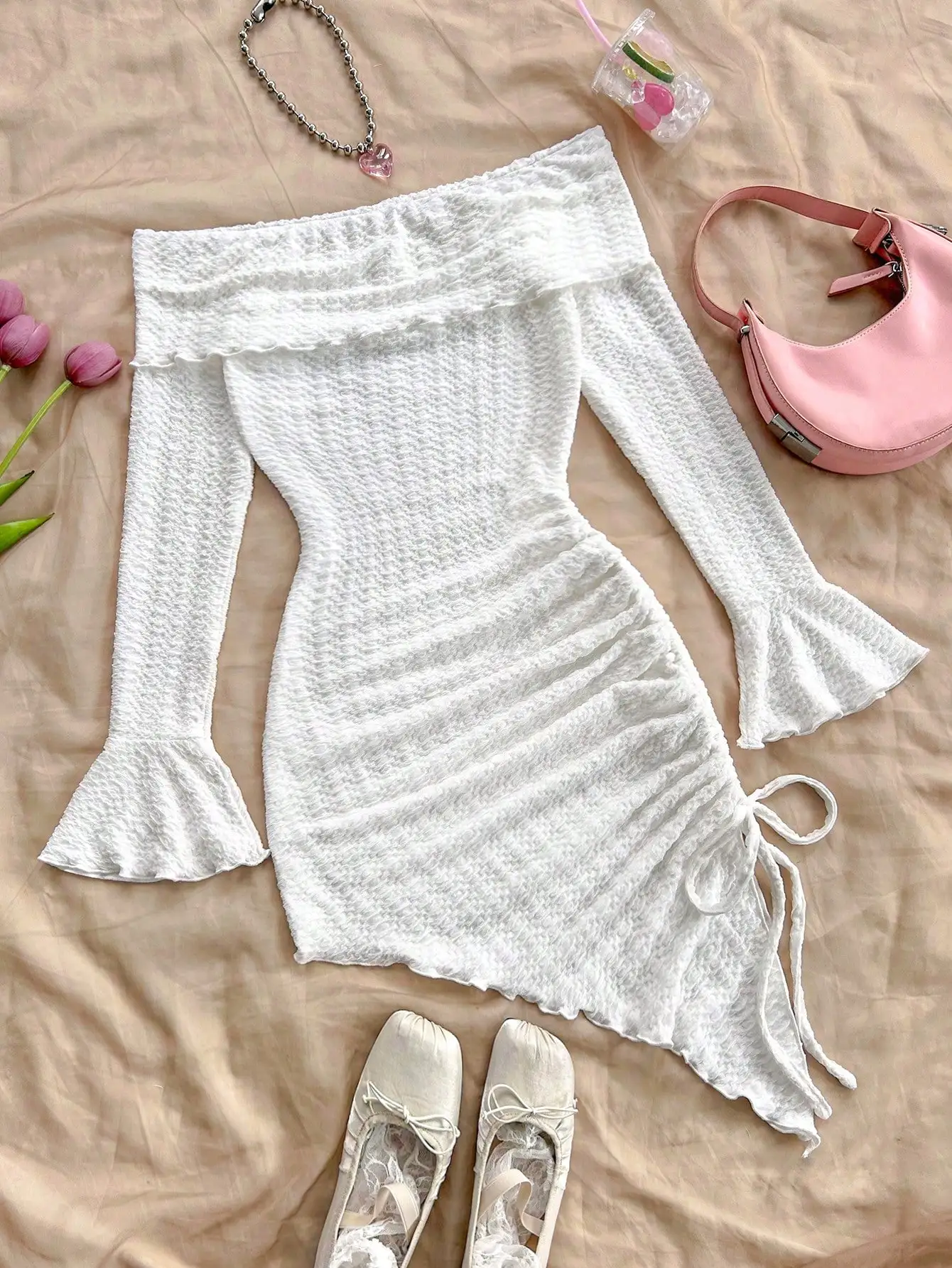 Spring and Summer Europe and the United States Style Pure Horn Long Sleeve Hollow Knit Smock Pleats Irregular Lazy Dress
