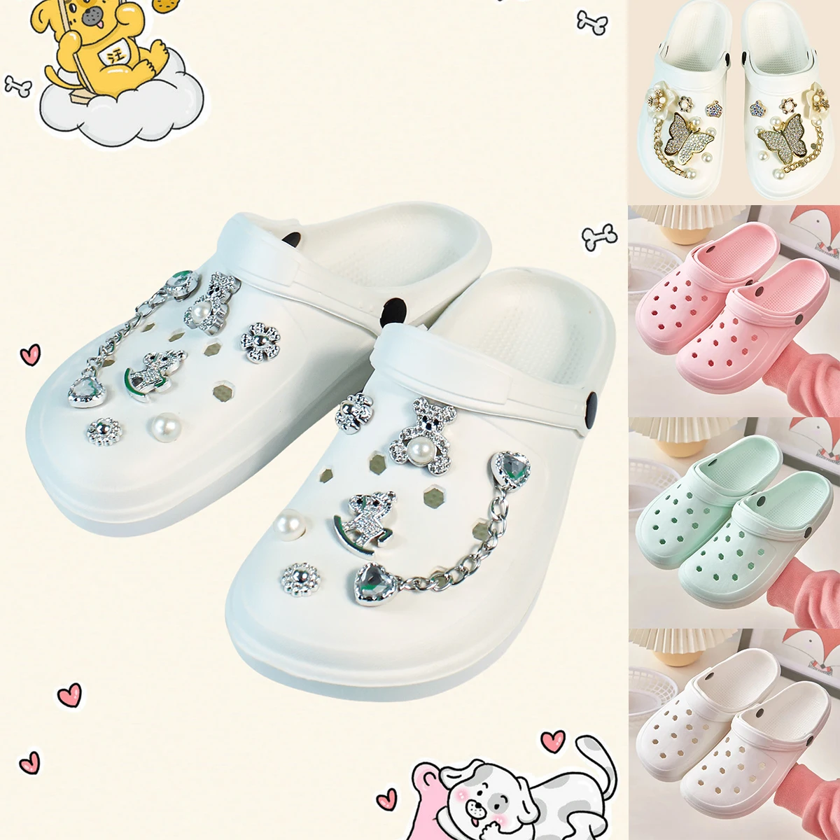Women Summer DIY Clogs Fashion Bear Pearl Decor Beach Slides Cave Hole Garden Shoes Casual Flats Female (Independently Packaged)