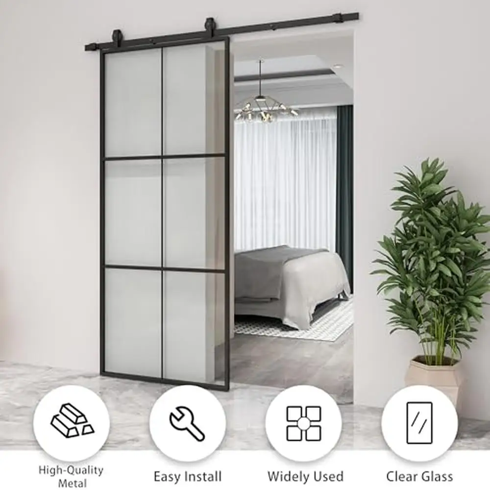 Glass Sliding Barn Door 3-Panel Black Aluminum Frame Clear Tempered Modern French Easy Install Space-saving Interior Door