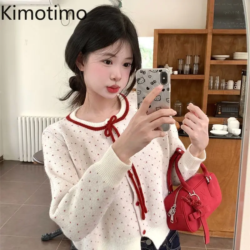 

Kimotimo Heart Jacquard Bow Tied Knitted Cardigan Women 2025 Autumn Sweet Button Up Short Sweater Coat Fashion Versatile Tops