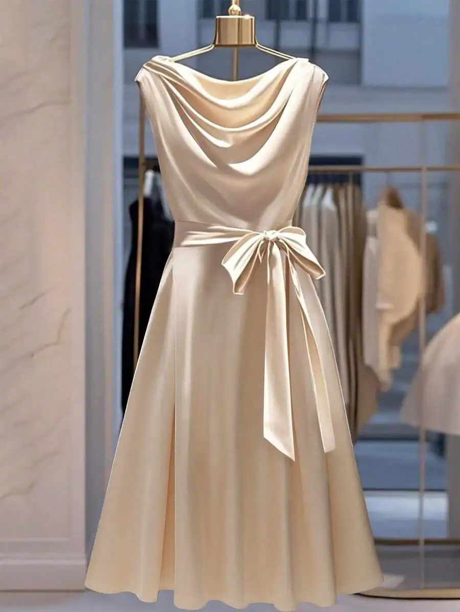 

Elegant Sleeveless Satin Dress with Draped Neckline and Waist Bow