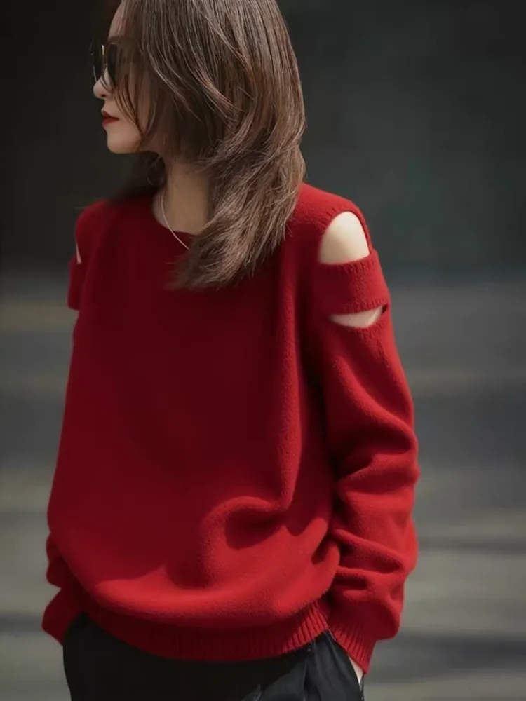 

oulder-Open 00 Pure Wool Knitted Sweater Women Loose Autumn Winter Red Color Casual Sle Soft Warm Long Sve round Ne...