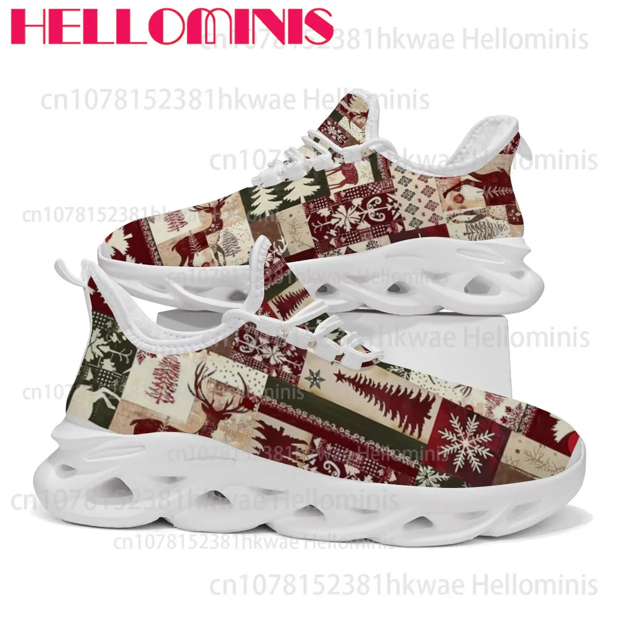 Unisex Winter Fuzzy Lined Chunky Sole Sneakers Vintage Christmas Deer Tree Patch Print Warm Non Slip Walking Athletic Footwear