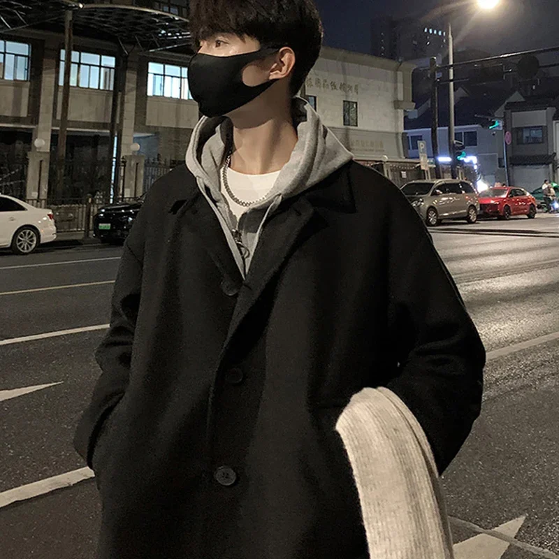 TFETTERS Brand Long Coat Man 2024 New Autumn Winter Turn Down Collar Solid Color Woollen Overcoat Mens Korean Fashion Streetwear